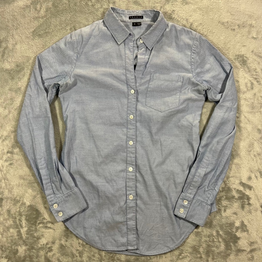 THEORY Nikala Button‎ Up Shirt Womens Small Blue 100 Cotton Long Sleeve Classic